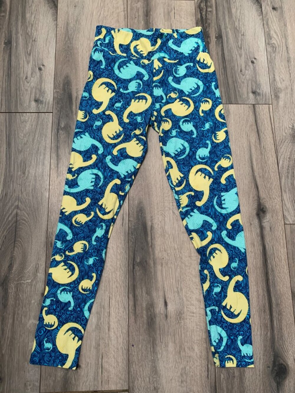 Lularoe Womens One Size Leggings With Blue & Yellow Dinosaur Print